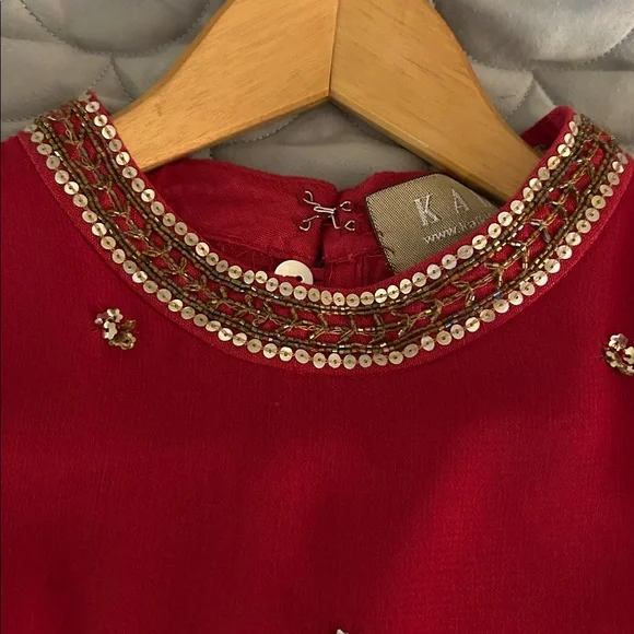 Chic Kalki Lined Long Sleeve Red Pantsuit with Embellishments. - Picture 3 of 5
